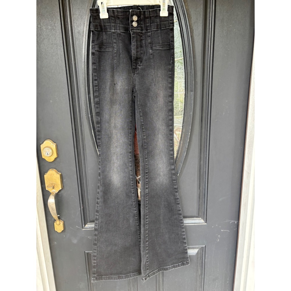 Free People We The Free High Rise Flare Jeans Washed Black Size 25 Double Button